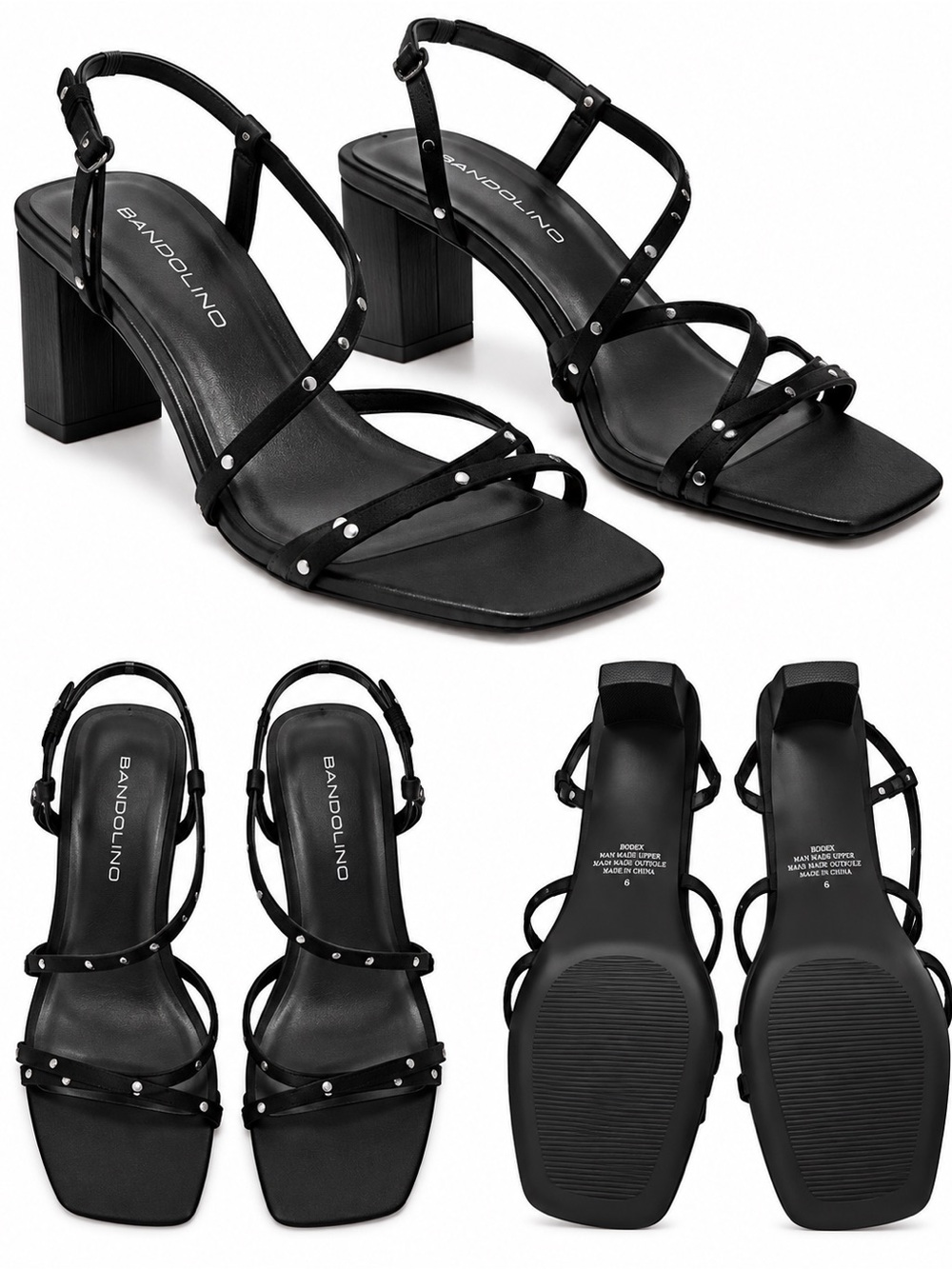 Black Strappy Mid-Heel Sandals with Stud Accents